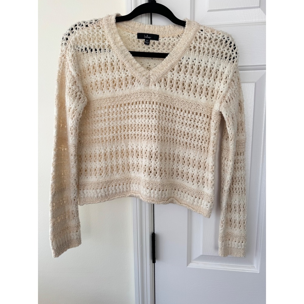 Lulus‎ Cream Crochet Knit V Neck Long Sleeve Pullover Sweater XS